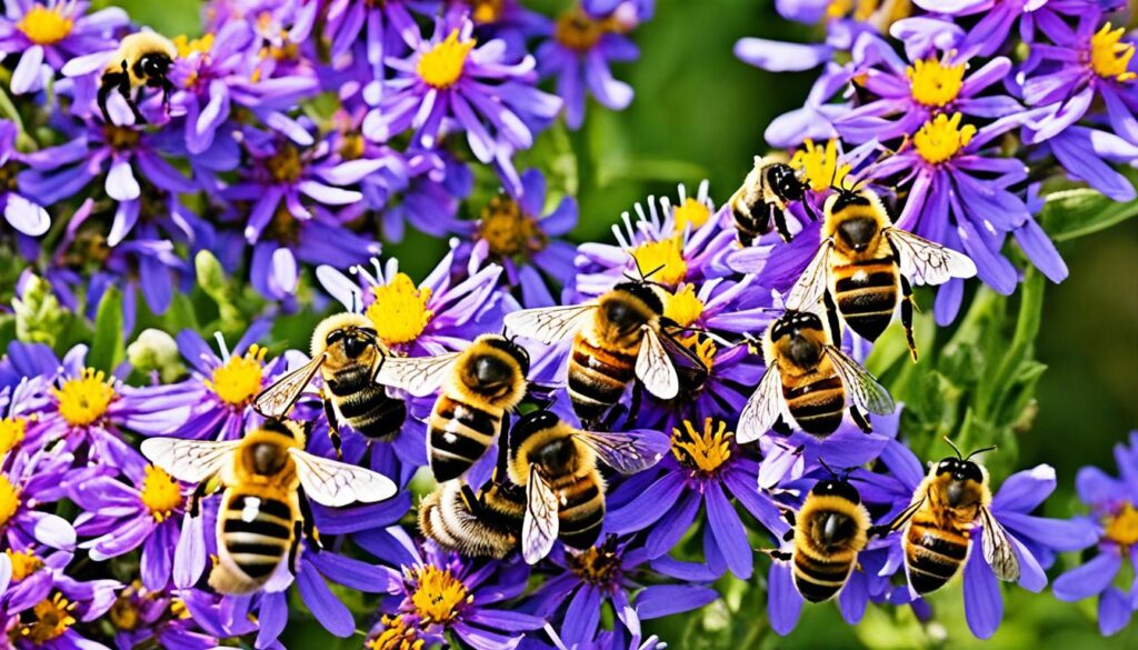 Bees collecting nectar and pollen